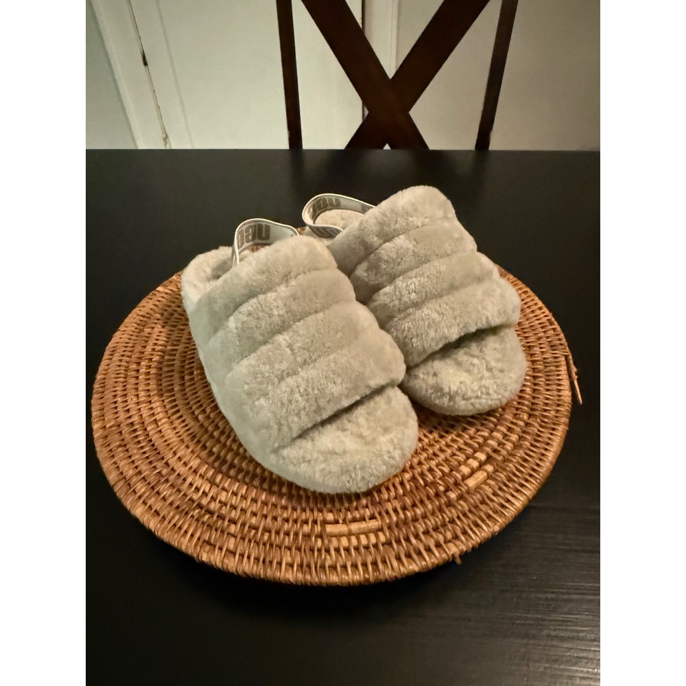 UGG Super Fluff Slipper‎ Grey Sheepskin Slides Elastic Backstrap Womens 7